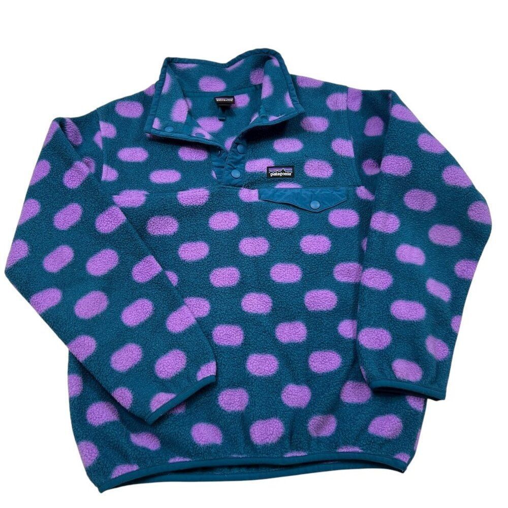 Patagonia Synchilla Girl's Polka Dot Fleece Snap T Pullover Teal & Purple Size M
